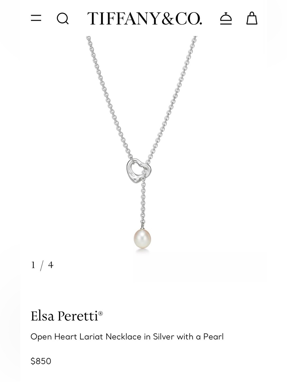 Excellent Like New Tiffany Silver Open Heart Lariat Necklace with White Pearl